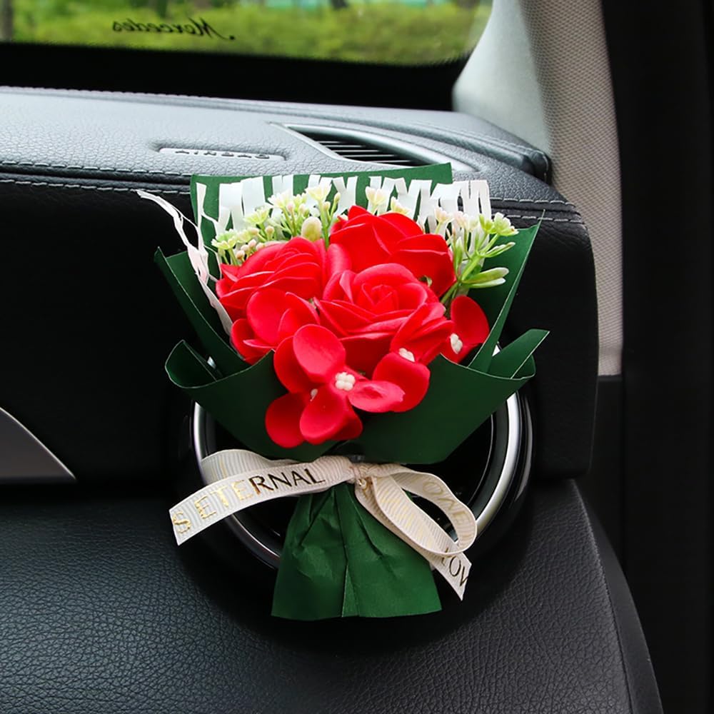 Unique Car Vent Clip Air Freshener, Aesthetic Floral Soap Rose Bouquet Diffuser Decor, Reusable Essential Oil Aroma Pad, Cute Car Accessories Gift for Women (Style A)