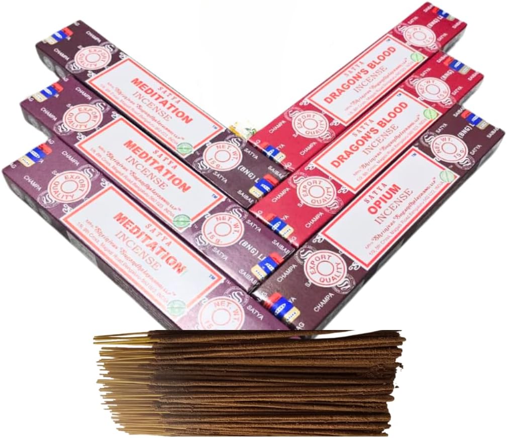 Satya with ANKCIENSE Incense Holder Pack of 3 fragrances Variety Pack of 90 Sticks. Meditation, Dragon Blood & Opium Insense Insence