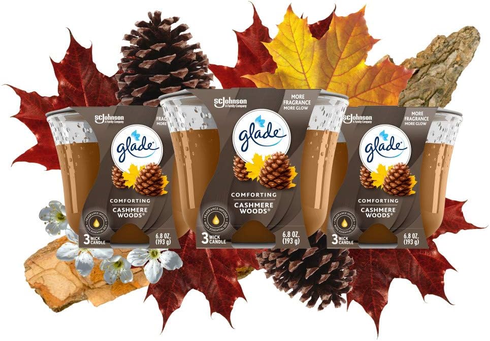 Glade Candle Cashmere Woods, Fragrance Candle Infused with Essential Oils, Air Freshener Candle, 3-Wick Candle, 6.8 Oz, 3 Count