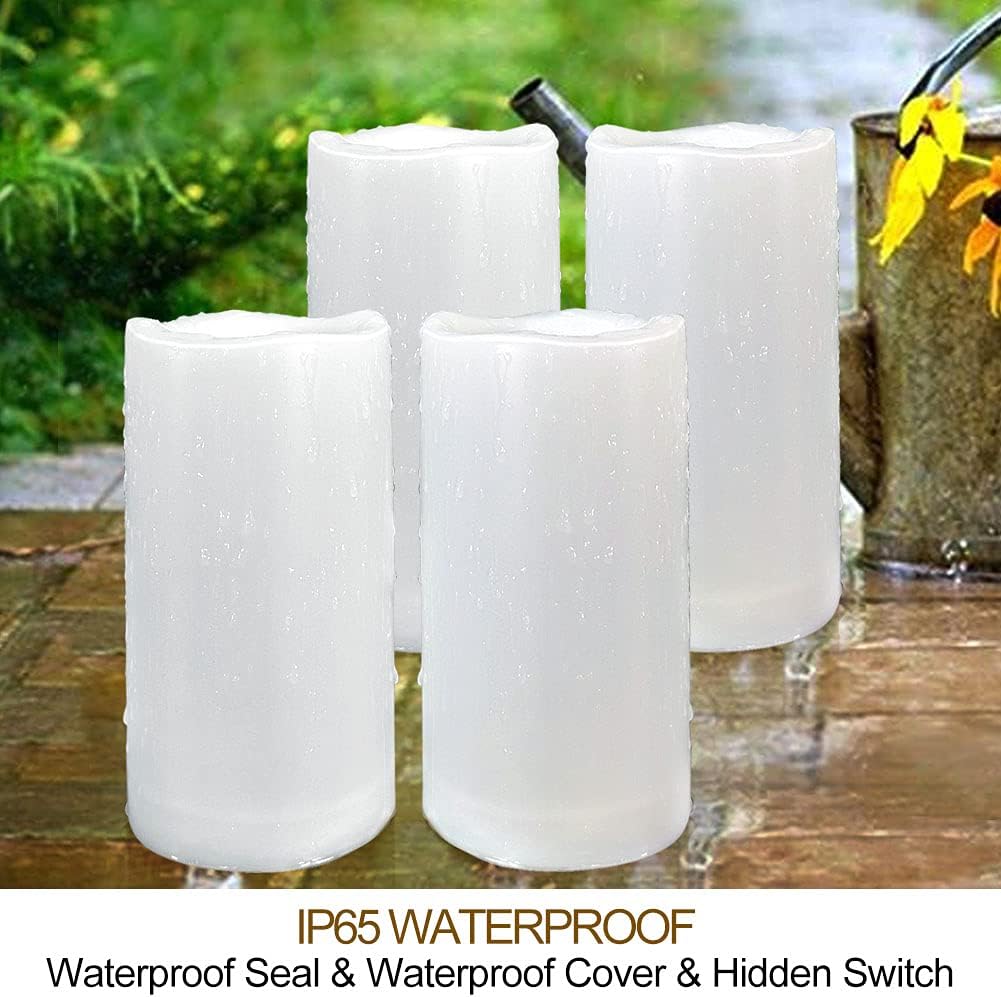 Pack of 4 White LED Candles Outdoor 3x6 - Unscented IP65 Waterproof Battery Powered Flameless LED Pillar Candles with Remote and Timer - Battery Operated Flameless Candle Flickering