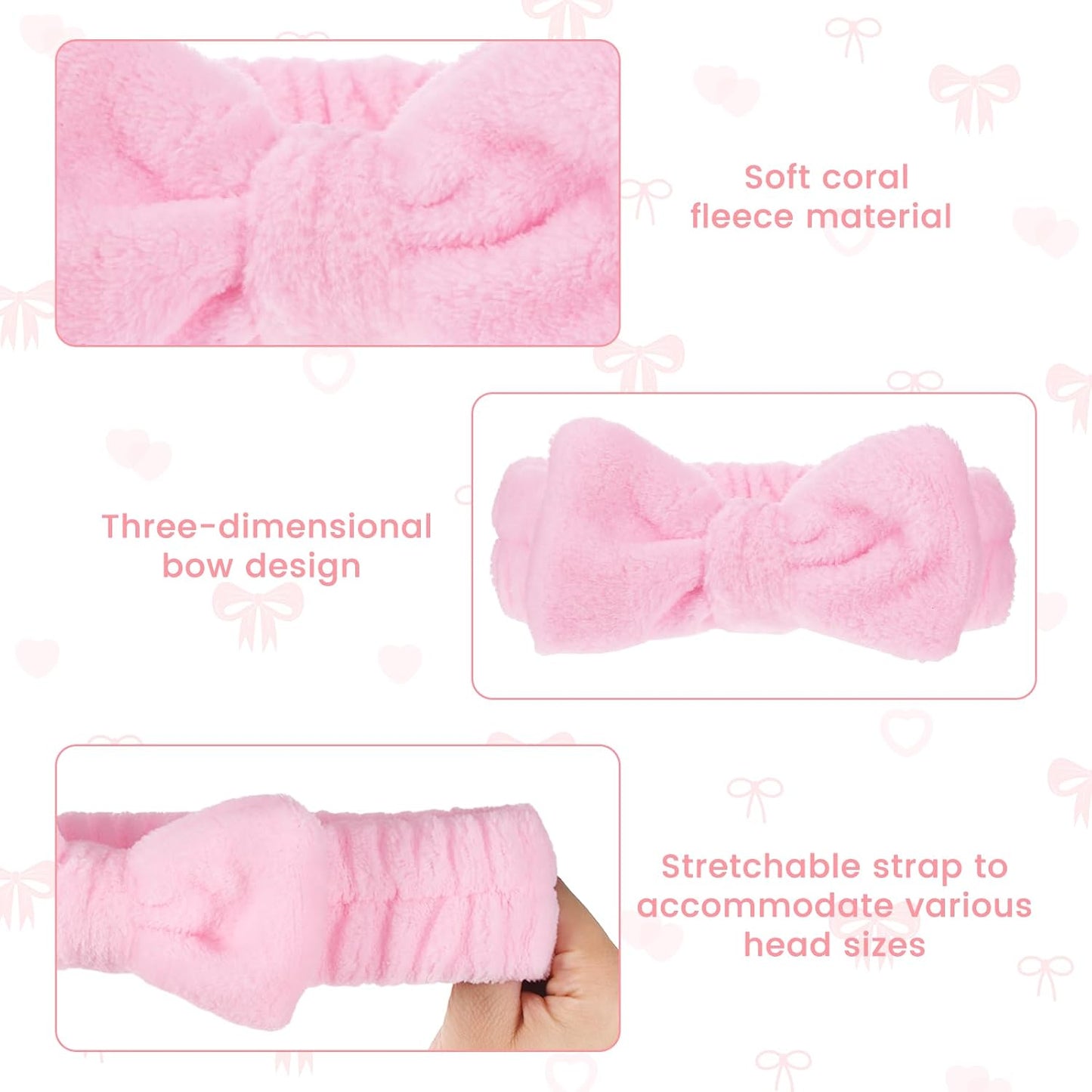 12Pcs Pink Spa Headband Soft Coral Fleece, Makeup Headband Spa Headbands for Washing Face Pink Bow Skincare Headbands Elastic Party Favors, Washable for Makeup, Skincare Washing Face