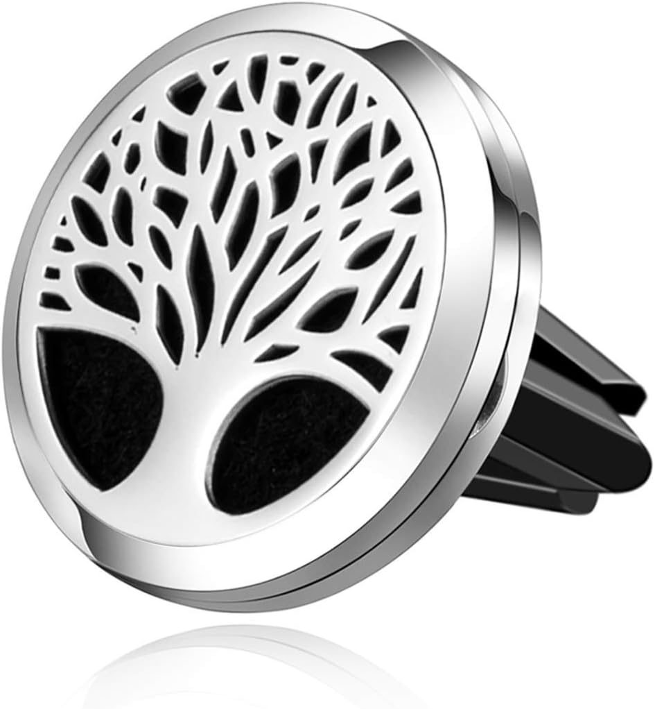 Wild Essentials Tree of Life Car Vent Diffuser Kit – 316L Stainless Steel Locket, Rubber-Coated 4-Way Clip, 8 Color Pads (22mm), 25mm – Includes Inner Calm (1 x 10ml)