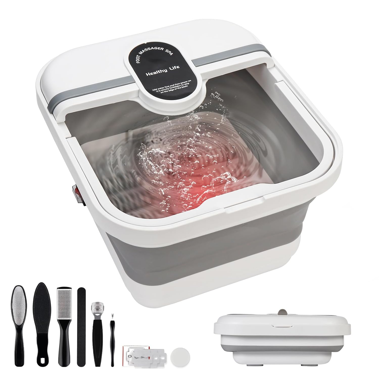 Collapsible Foot Spa Bath Massager with Heat, Bubble, Foot Soaking Tub with Handles, Foot Pedicure Kit, Temperature Control, Massage Rollers, Collapsible Bucket for Cleaning
