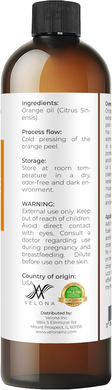 Orange Essential Oil by Velona - 8 Fl Oz | Therapeutic Grade | for Aromatherapy Diffuser, Massage, Skincare, Haircare, Soapmaking | Undiluted
