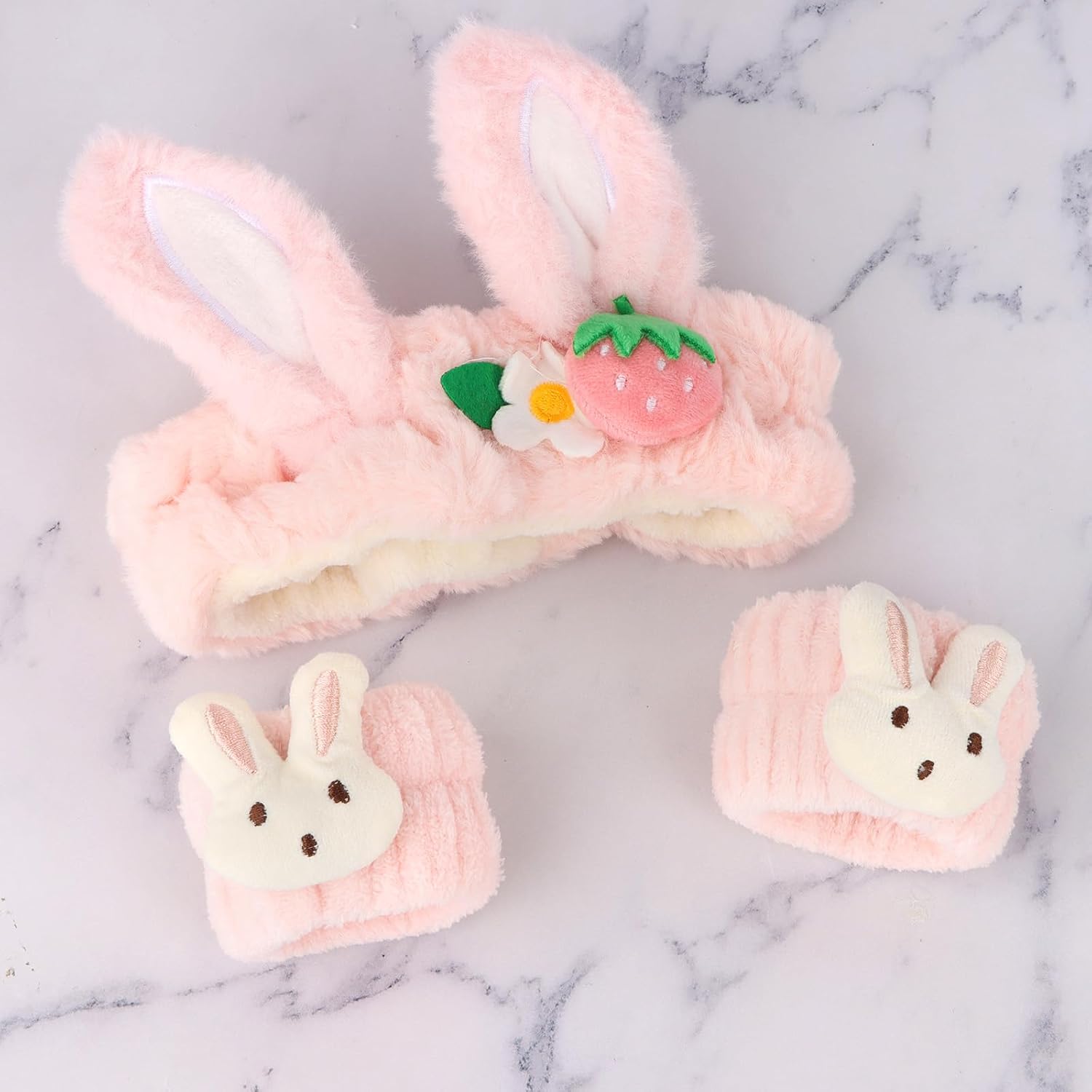 WHAVEL 3PCS Face Wash Headband and Wristband Set, Cute Rabbit Ears Headband for Washing Face Makeup Head band Wrist Towels Arm Bands (pink)