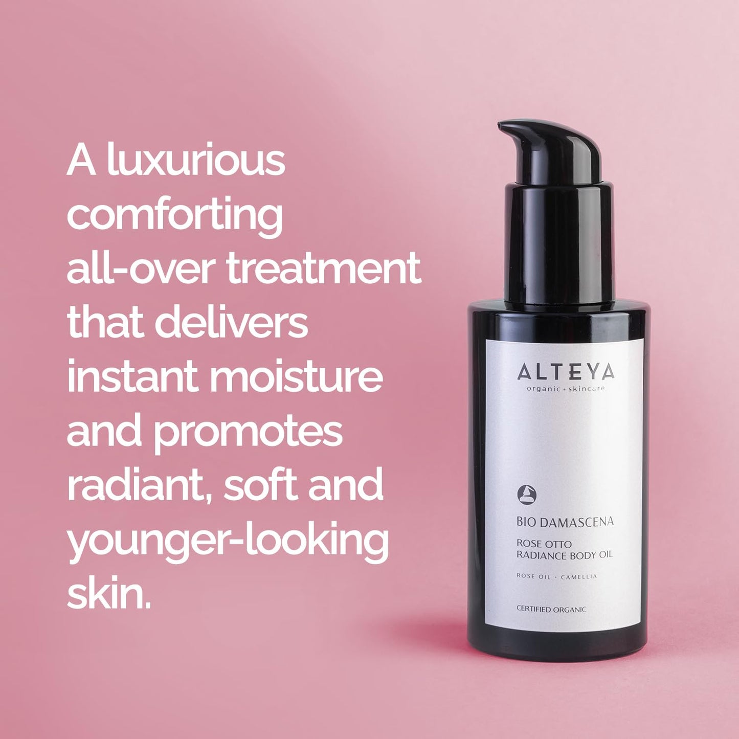 Alteya Organics Bio Damascena Rose Otto Radiance Body Oil - Certified Organic Body Moisturizer With Rose and Camellia Oil - Winner of Delicious Living Magazine Gold Award - 3.4Fl Oz/100mL