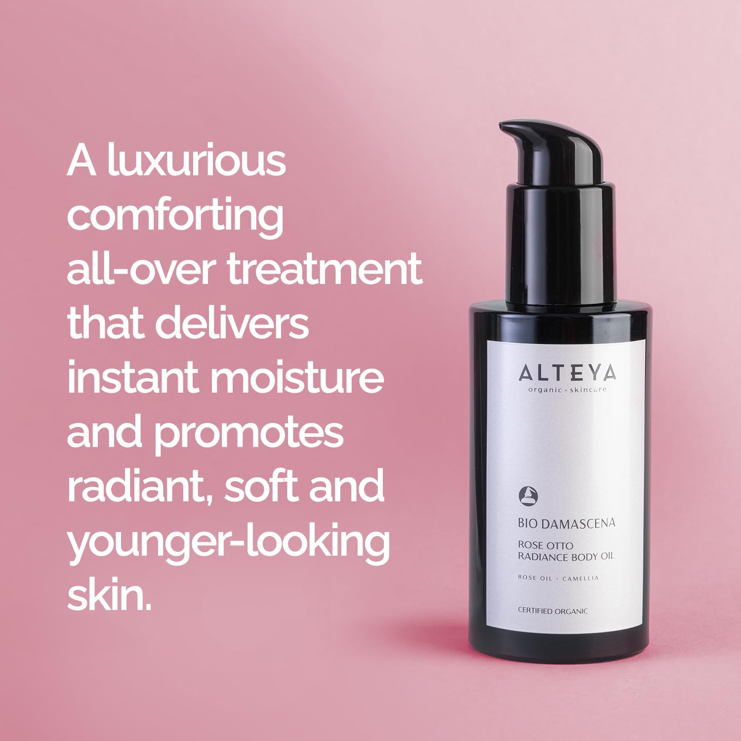 Alteya Organics Bio Damascena Rose Otto Radiance Body Oil - Certified Organic Body Moisturizer With Rose and Camellia Oil - Winner of Delicious Living Magazine Gold Award - 3.4Fl Oz/100mL