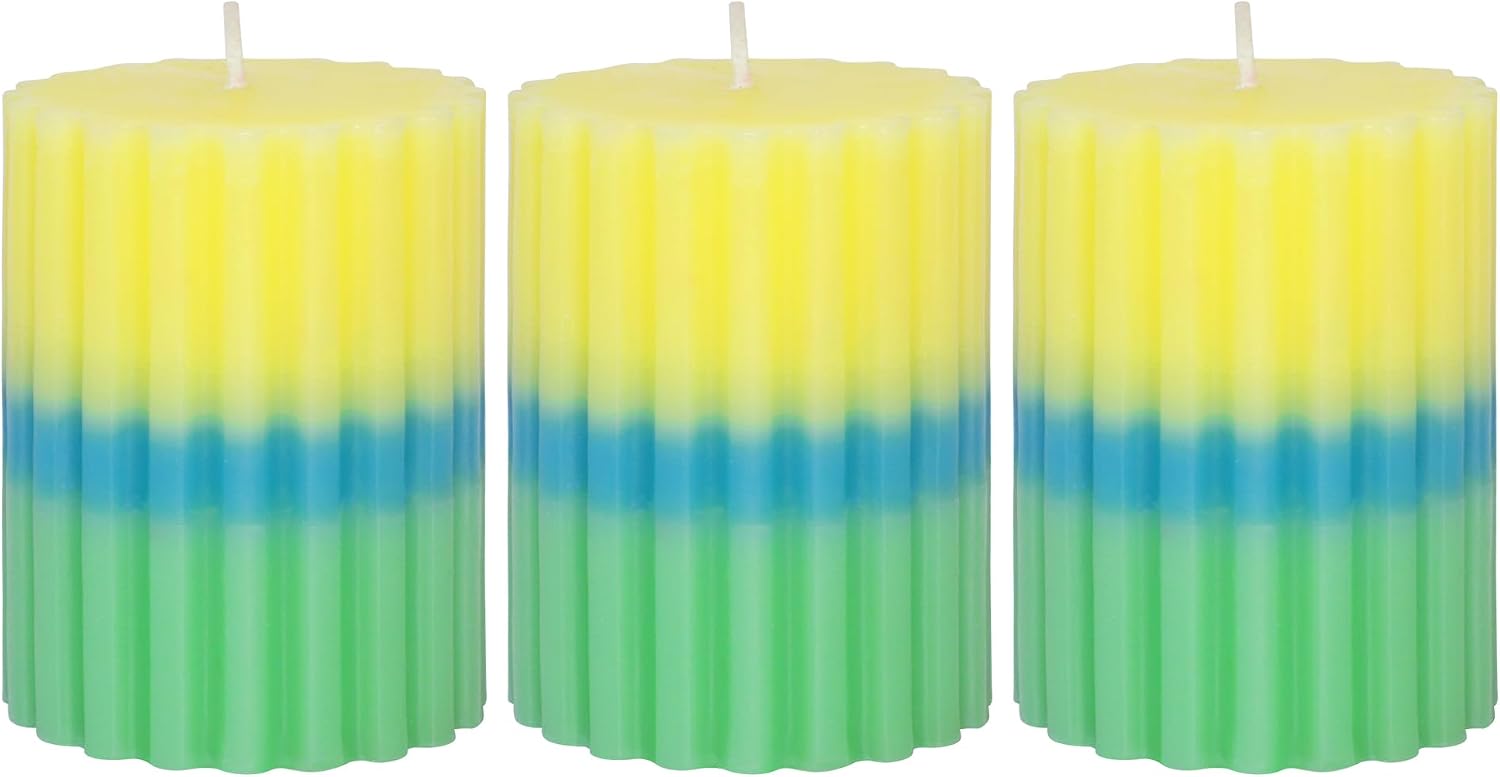 Lemon Verbena Scented Candles, Yellow Blue Green Ombre Ribbed Pillar Candles, 3"x4" Set of 3, Cotton Core Paraffin Wax, 50H+ Long Burning Time|1PC Aromatherapy Candle, Home Bathroom Living Room Decor