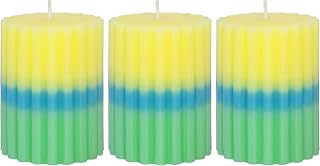 Lemon Verbena Scented Candles, Yellow Blue Green Ombre Ribbed Pillar Candles, 3"x4" Set of 3, Cotton Core Paraffin Wax, 50H+ Long Burning Time|1PC Aromatherapy Candle, Home Bathroom Living Room Decor