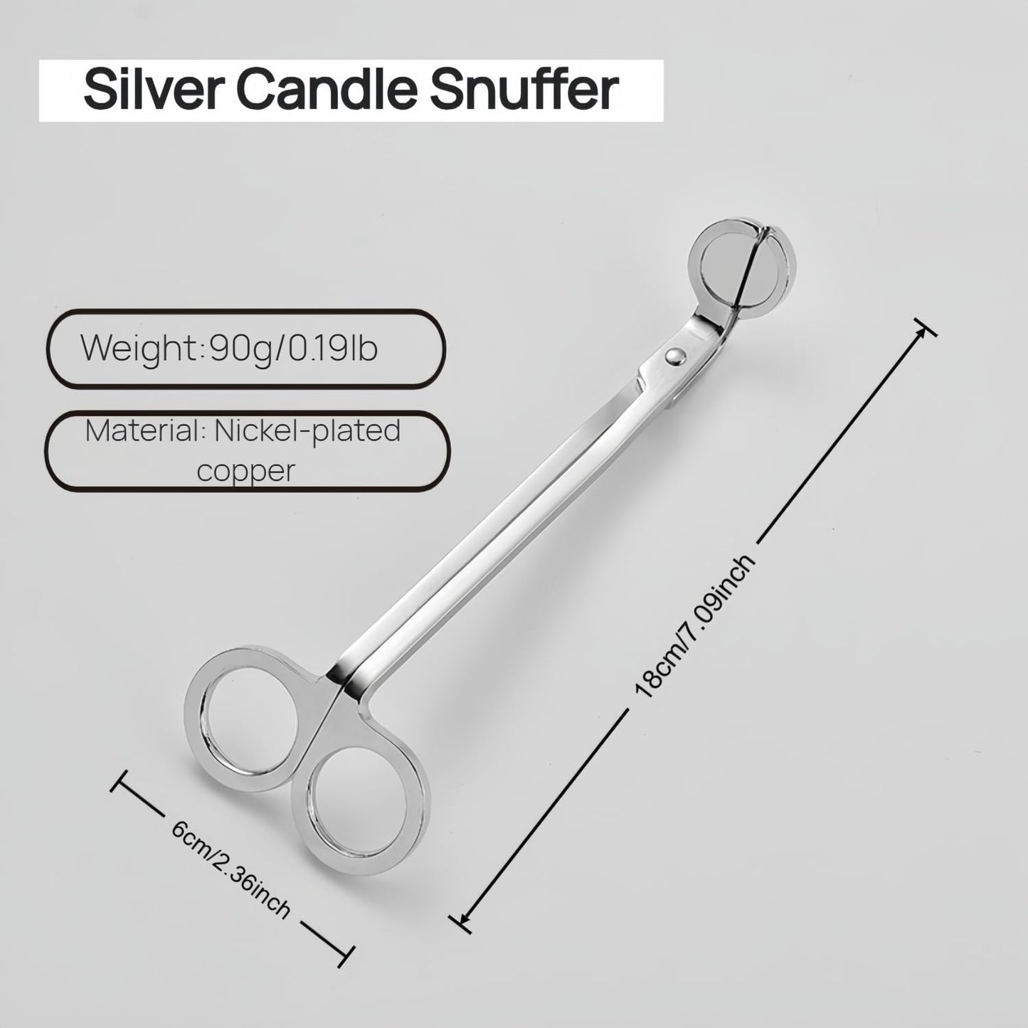 Silver Candle Wick Trimmer, Nickel-Plated Copper, 7.09 Inch Length, Round Head Design with Cut Edge, Rivet Reinforced