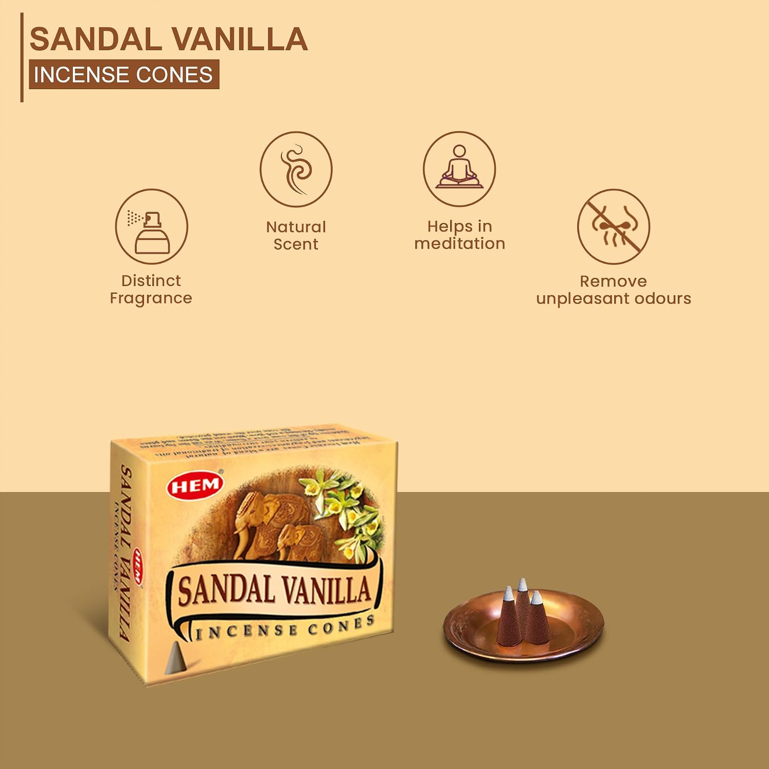 Hem Sandal Vanilla Incense Cones – 12 Pack (10 Cones Each) | Handcrafted in India | Soothing Sandalwood & Sweet Vanilla Aroma | Meditation, Relaxation & Home Fragrance