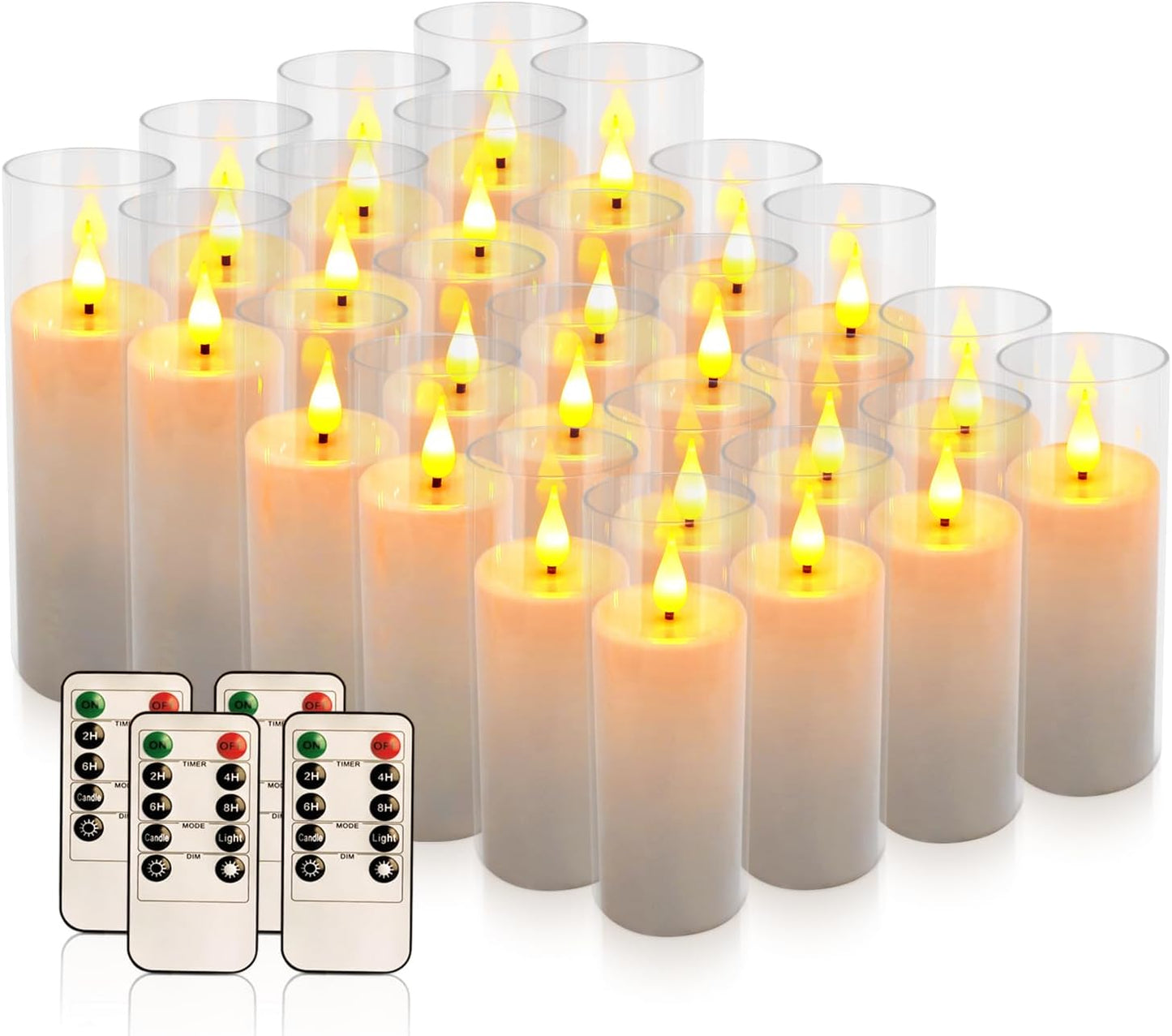 24 Pcs Acrylic LED Flameless Candles with 4 Remote,White,Flickering, Clear, Suitable for Wedding, Party, Home Decoration & Outdoor.