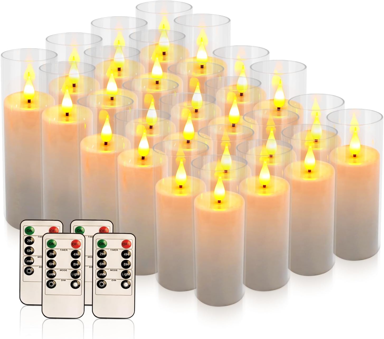24 Pcs Acrylic LED Flameless Candles with 4 Remote,White,Flickering, Clear, Suitable for Wedding, Party, Home Decoration & Outdoor.