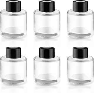 6 Pack 50ml/1.7oz Empty Clear Glass Diffuser Bottle with Black Cap Refillable Round-Shaped Essential Oil Containers Fragrance Diffuser Jars Use for Home and Office Decorative