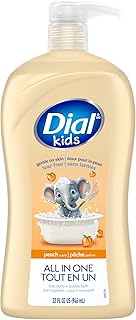 Dial Kids All-in-1 Body + Hair + Bubble Bath, Peach Scent, 32 Fl Oz, Hypoallergenic Body Wash & Shampoo, No Tears Formula for Kids 2+ Years, No Parabens & Silicones