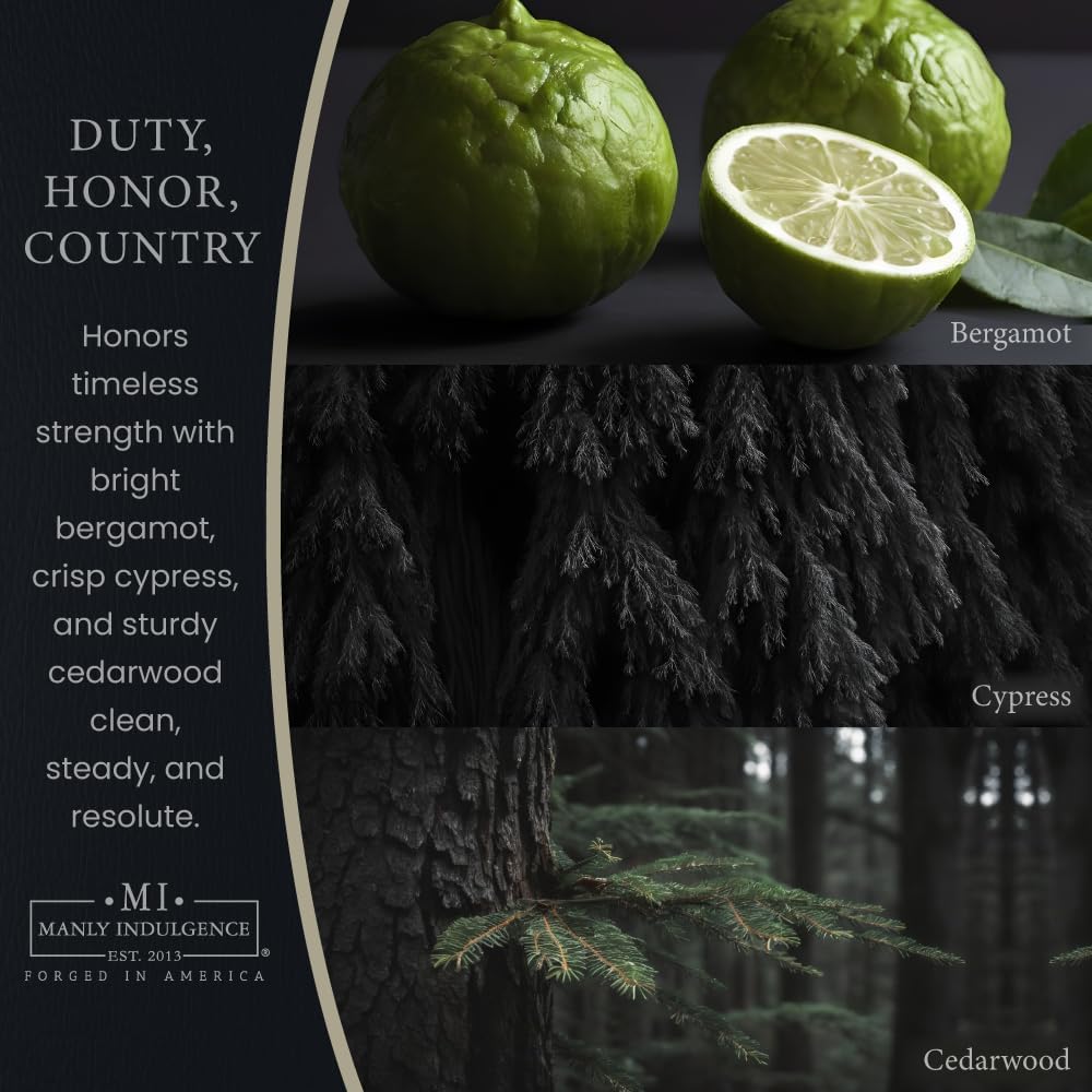 Manly Indulgence Duty Honor Country Scented Jar Candle, 2 Wick, 16.5 oz Premium Soy Blend Wax, 60H Burn, Candles for Home Scented - Made in The USA