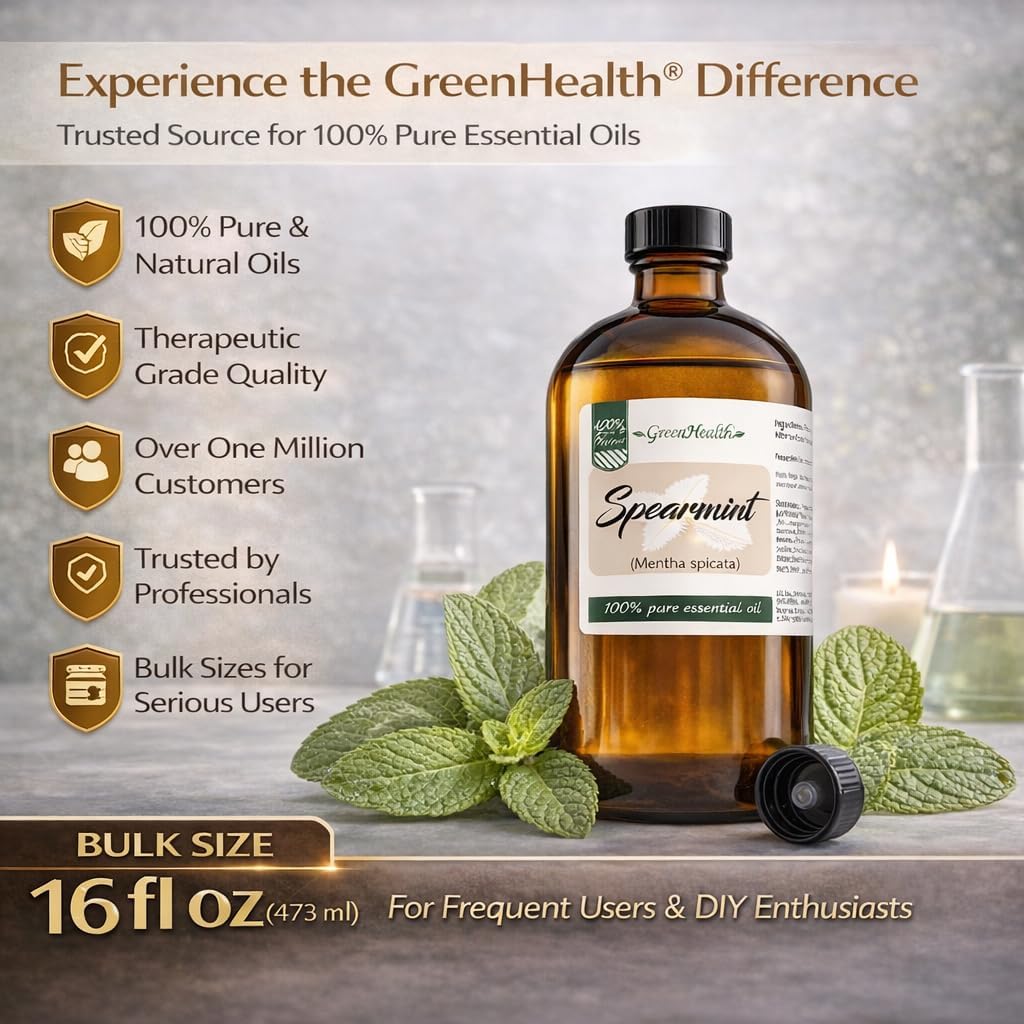 Spearmint Essential Oil – 16 fl oz (473 ml) – 100% Pure & Natural Mentha Spicata – Therapeutic Grade Bulk Essential Oil in Amber Glass Bottle with Dropper – GreenHealth