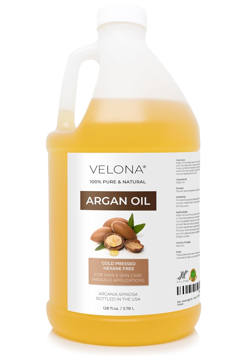 velona Argan Oil - 1 Gallon / 128 Fl Oz | 100% Pure and Natural | Morocco Oil | Skin, Body and Face Care | Nails Protector | Unrefined, Cold Pressed