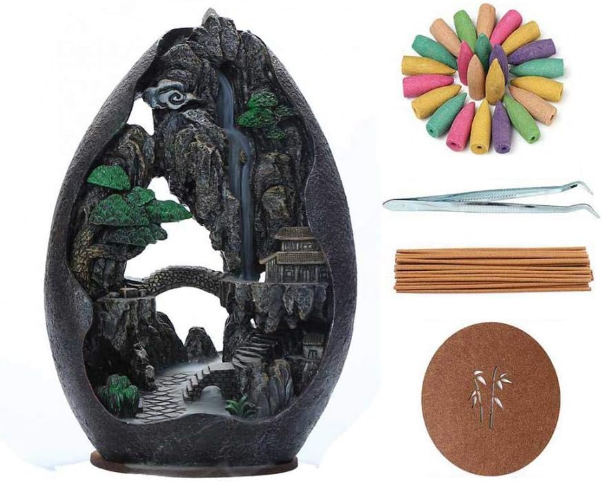 Landscape Backflow Incense Burner Cone Incense Burner Smoke Waterfall Resin Handmade Home Decor Gift Set with 120 Upgraded Cones,30 Incense Sticks,1Tweezer,1Mat