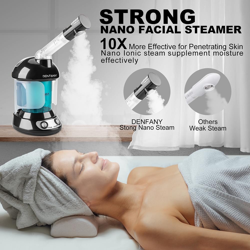 Facial Steamer - DENFANY Nano Ionic Face Steamer with Extendable 360° Rotating Arm - Portable Facial Steamer for Personal Care at Home or Salo （Black）