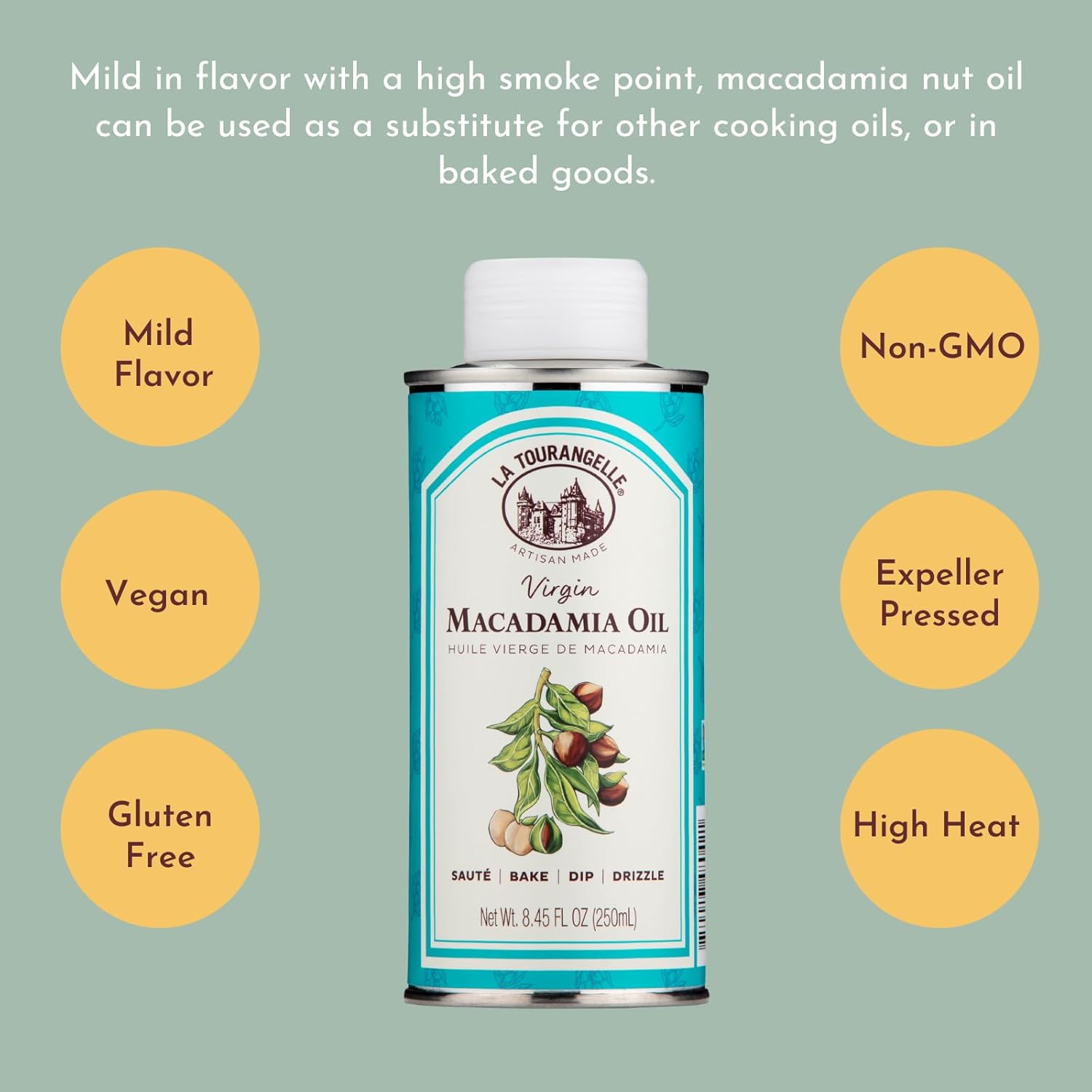 La Tourangelle, Virgin Macadamia Oil, High Smoke Point for Cooking, Sauté, Stir-Fry, Roasting, Baking, Face and Hair, Buttery Mild Taste, Cold-Pressed, 8.45 fl oz
