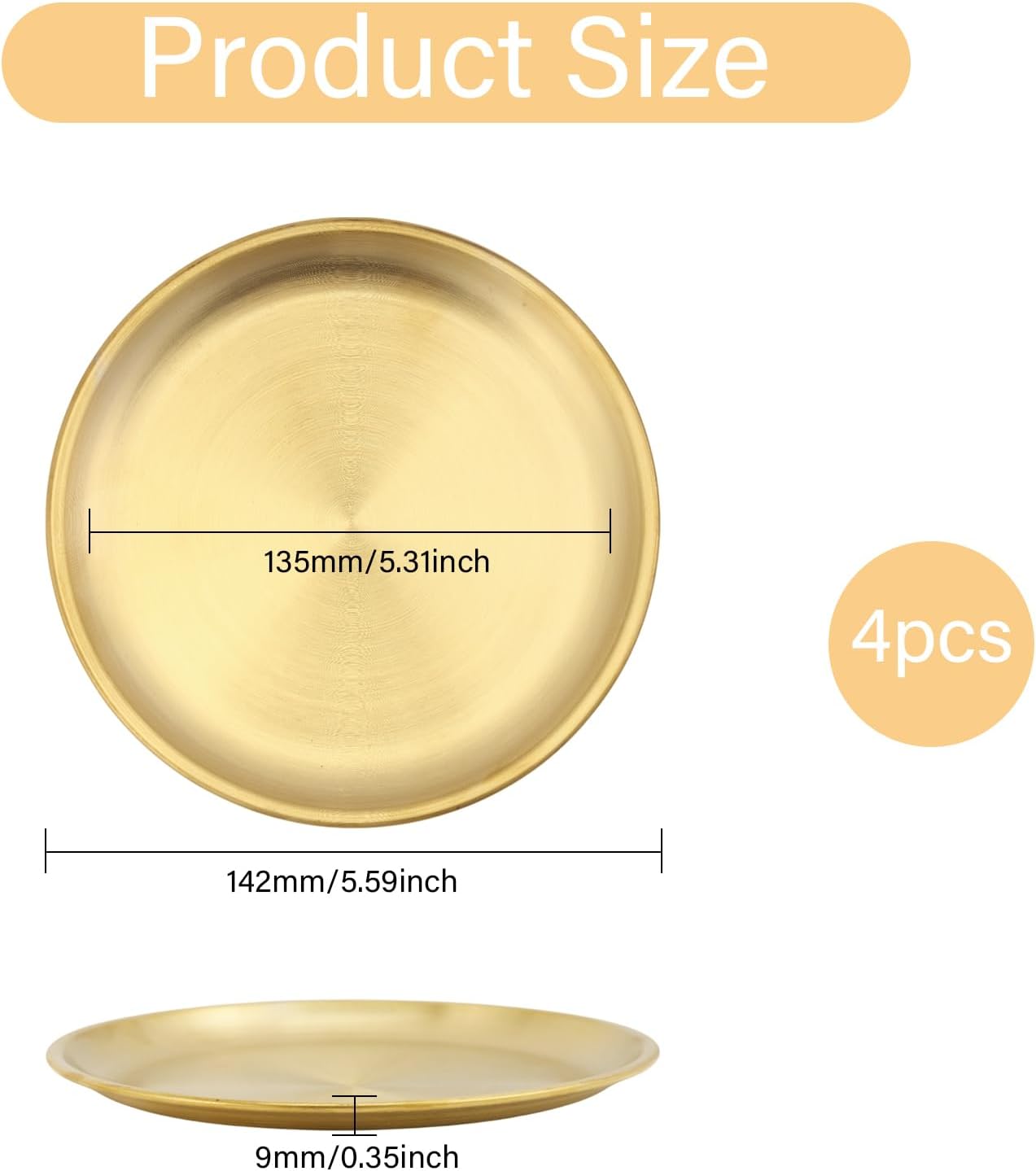 GLOBLELAND 4 Pcs 5.6 Inch Flat Round Metal Candle Holder Plate Golden Stainless Steel Jewelry Plates Gold Candle Holders Decor for Coffee Table Countertop Home Decorations