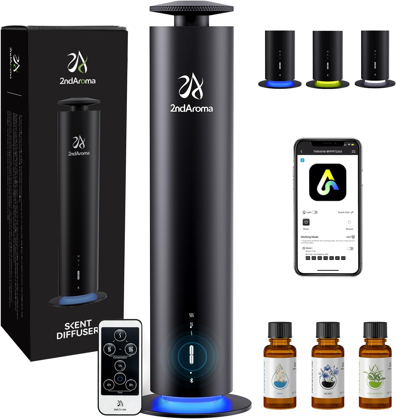 Waterless Scent Diffuser Starter Kit, Diffusers for Home Office Hotel 1000 Sq Ft Coverage, Cordless Essential Oil Diffuser Large Room with 3 Mood Lights, 3 Scent Oils, App Control, Black