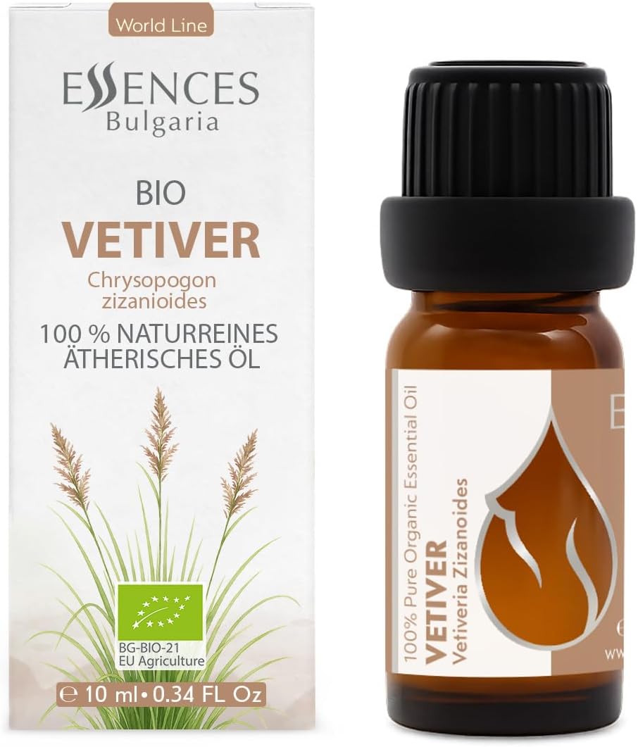 Essences Bulgaria Organic Vetiver Essential Oil 0.34 Fl Oz | 10ml | Vetiveria zizanioides | 100% Pure and Natural | Undiluted | Therapeutic Grade | Aromatherapy | Cosmetics | Cruelty Free | Non-GMO