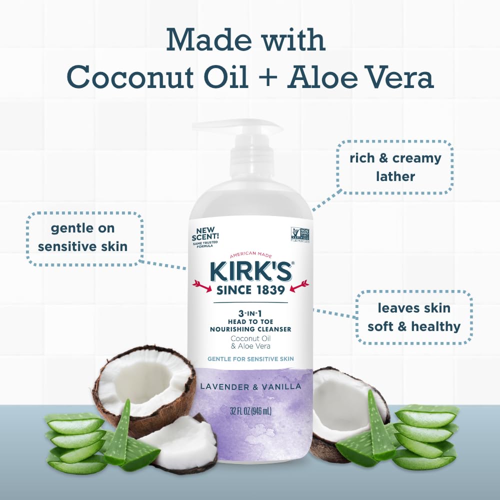 Kirk's Lavender & Vanilla 3-in-1 Nourishing Cleanser, Shampoo Body Wash Bubble Bath, Coconut Oil and Aloe Vera, Vegan Non-GMO, 32 Fl Oz