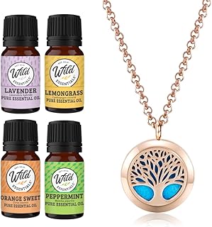 Wild Essentials Rose Gold Tree of Life Necklace Essential Oil Diffuser Kit, Lavender, Lemongrass, Peppermint, Orange Oils, 12 Refill Pads, Calming Aromatherapy Gift Set, Customizable Color Changing