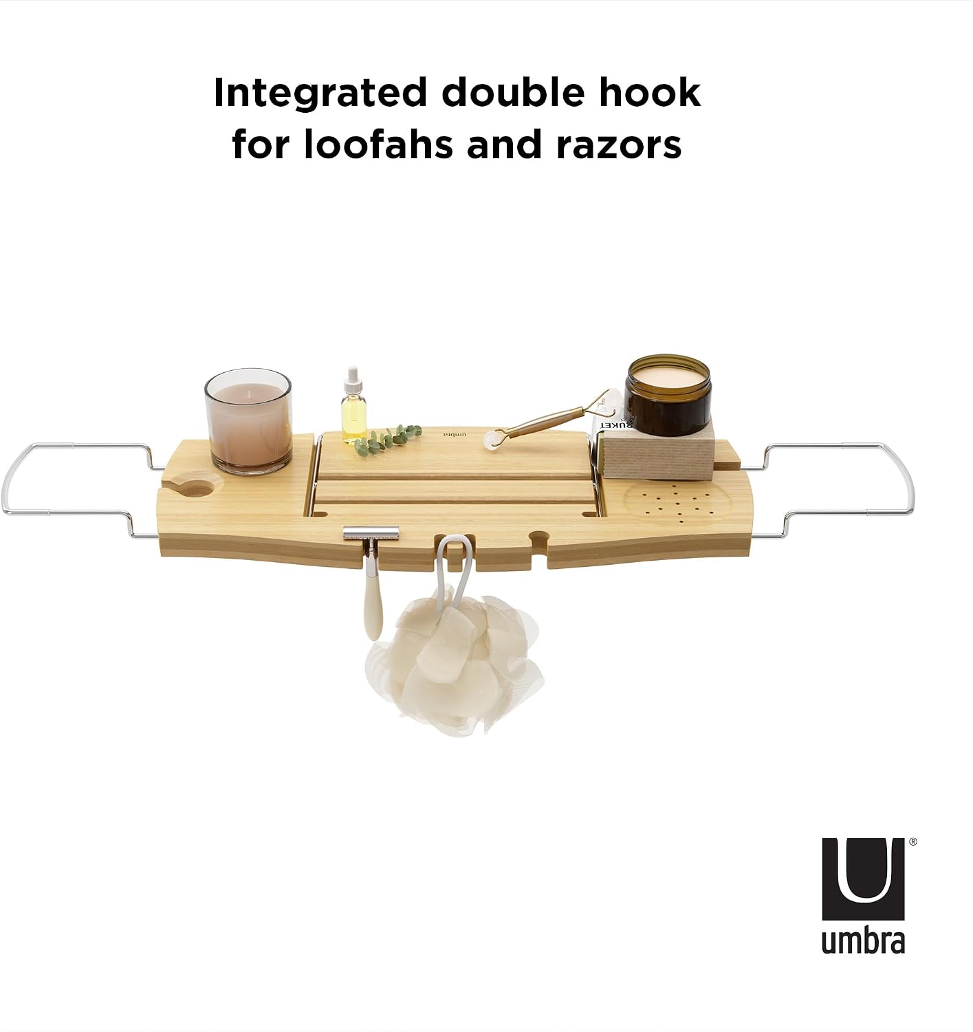 Umbra Aquala Bathtub Tray Extendable Caddy with Book Stand and Wine Glass Holder, Natural