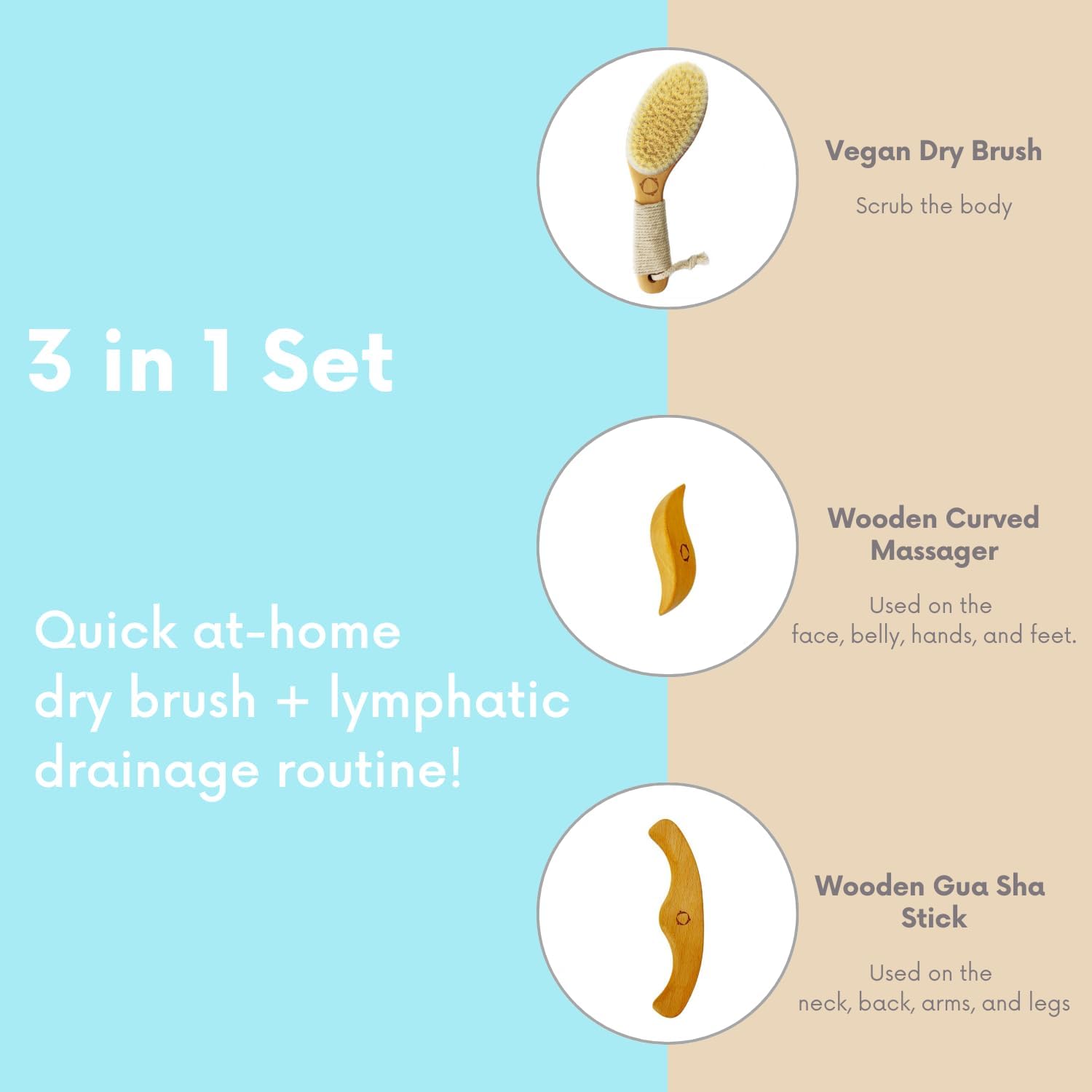 Dry Brushing Body Brush for Lymphatic Drainage-Vegan Dry Brush with Contoured Non-Slip Handle +Wood Therapy Massage Tools. Maderoterapia Kit, Gua Sha, Anti-Cellulite, Body Sculpting, Sensitive Skin
