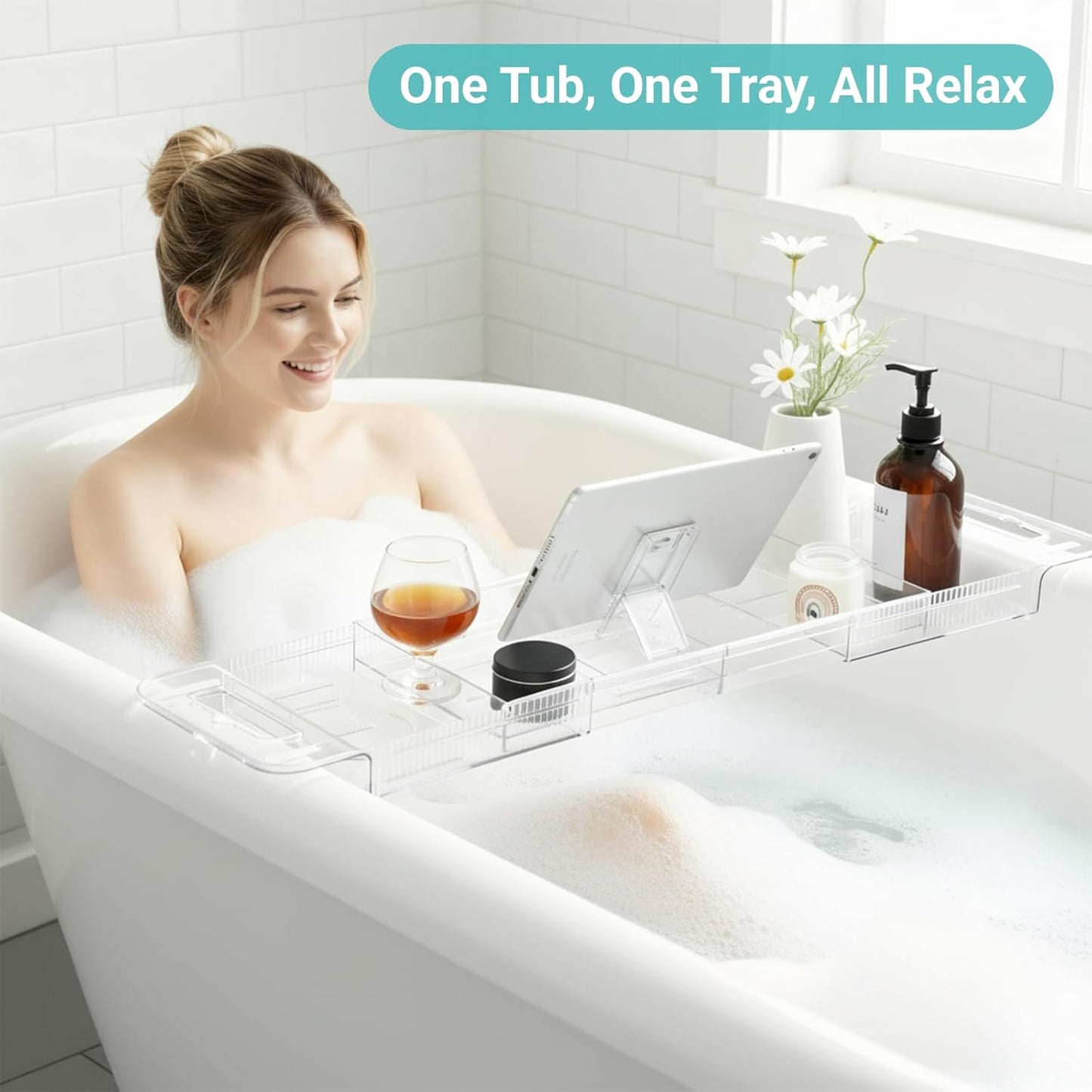 Expandable Bathtub Tray Caddy, Clear Bath Tray for Tub for Bath Relaxing, Foldable Bath Table Trays, Bathtub & Bathroom Accessories for Women Gift, Anniversary or Wedding Gifts, New Home