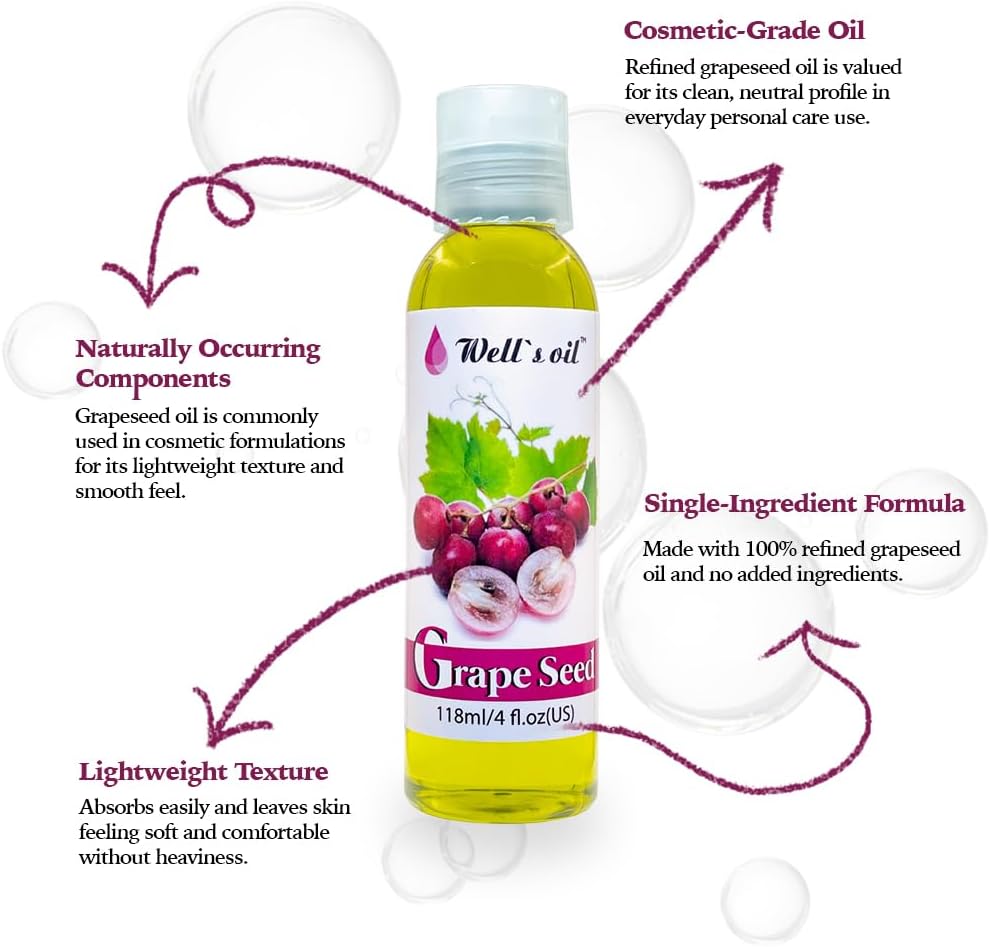 GRAPESEED OIL | 4oz (118ml) | All-Natural | For Hair, Skin & Nails | Moisturizer for Sensitive Skin Types | Refined, Cold Pressed | by Well's Oil