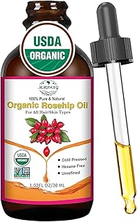 Organic Rosehip Seed Oil for Face, USDA Certified, Cold Pressed, Unrefined, 100% Pure Natural Rose Hip Oil for Anti-Aging, Acne Scar Treatment, Skin & Hair Care, Gua Sha Massage, 1 fl.oz / 30ml