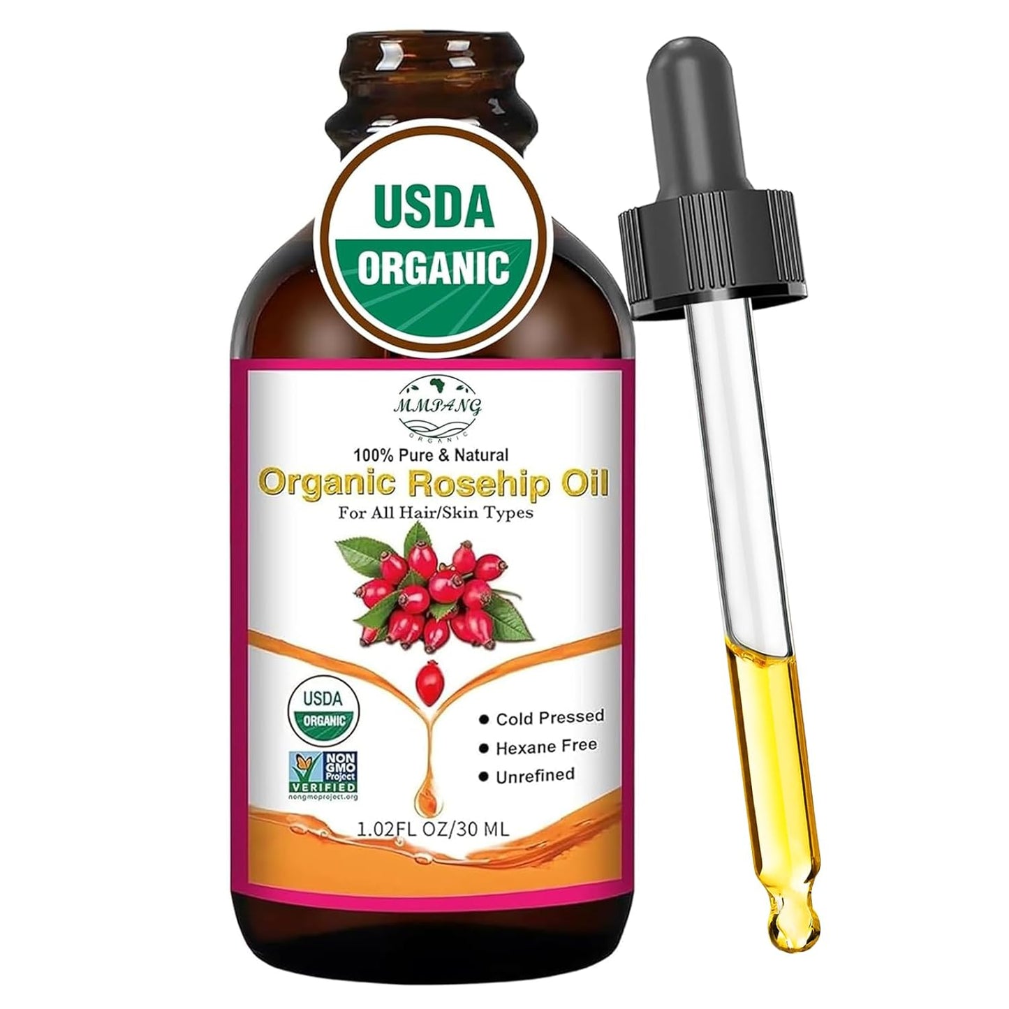 Organic Rosehip Seed Oil for Face, USDA Certified, Cold Pressed, Unrefined, 100% Pure Natural Rose Hip Oil for Anti-Aging, Acne Scar Treatment, Skin & Hair Care, Gua Sha Massage, 1 fl.oz / 30ml