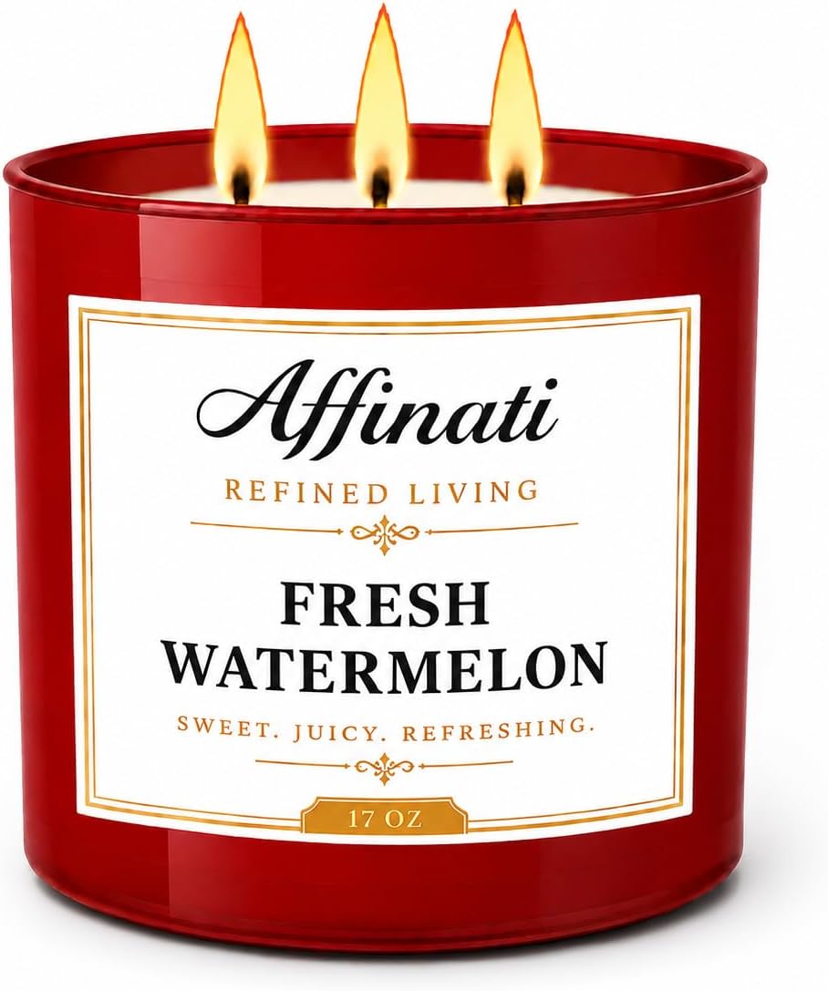 Affinati Fresh Watermelon 3-Wick Scented Candle – Large Soy Blend Candle, Strong Scent Throw Sweet Vibrant Summer Fruit Candy Candle, Premium Room Odor Eliminator
