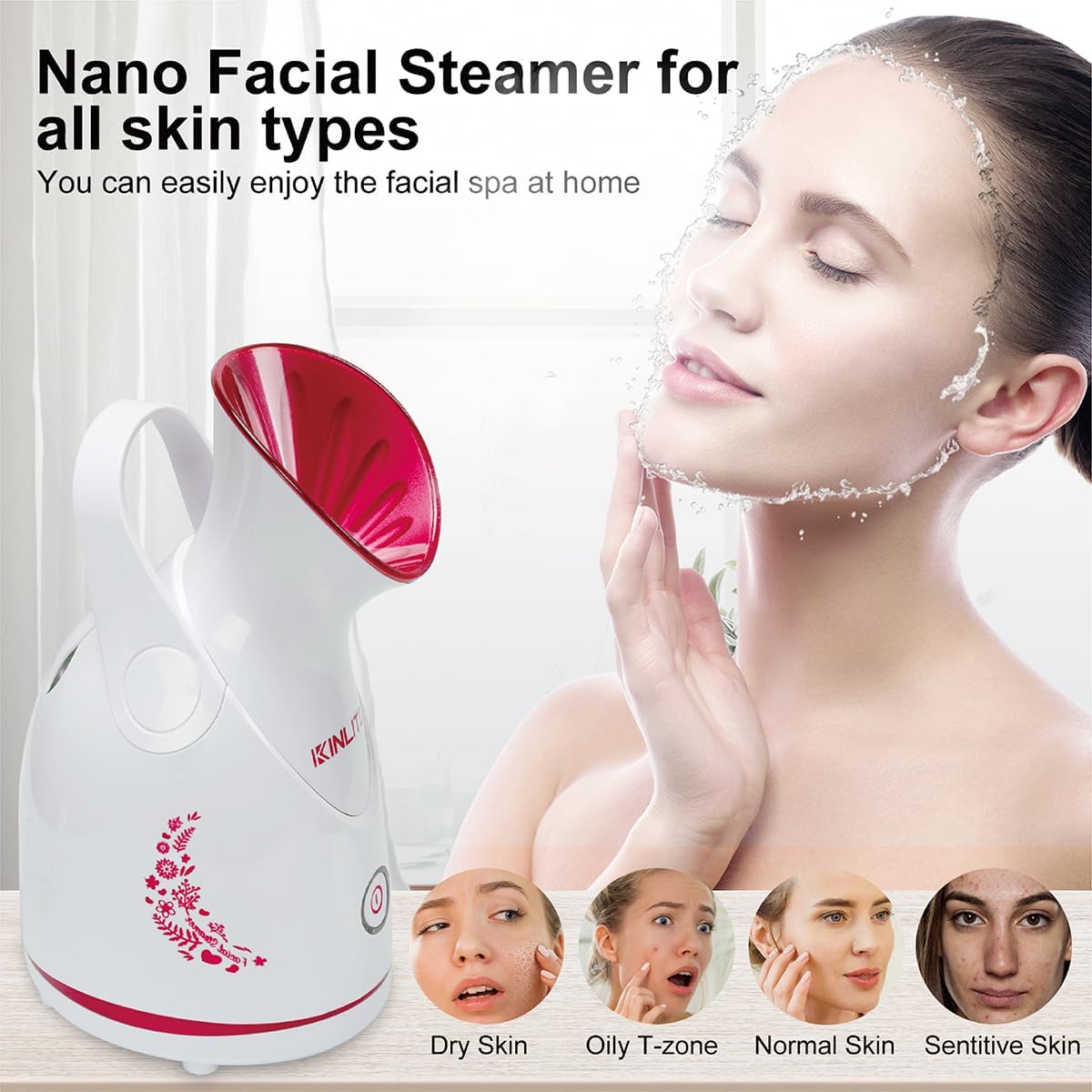 KINLITO Facial Steamer Ionic Face Steamer for Home Facial, Warm Mist Portable Facial Steamer for Deep Cleaning Unclog Pores with Blackhead Remover, Aromatherapy Kit for Personal Home SPA (Rose Red)