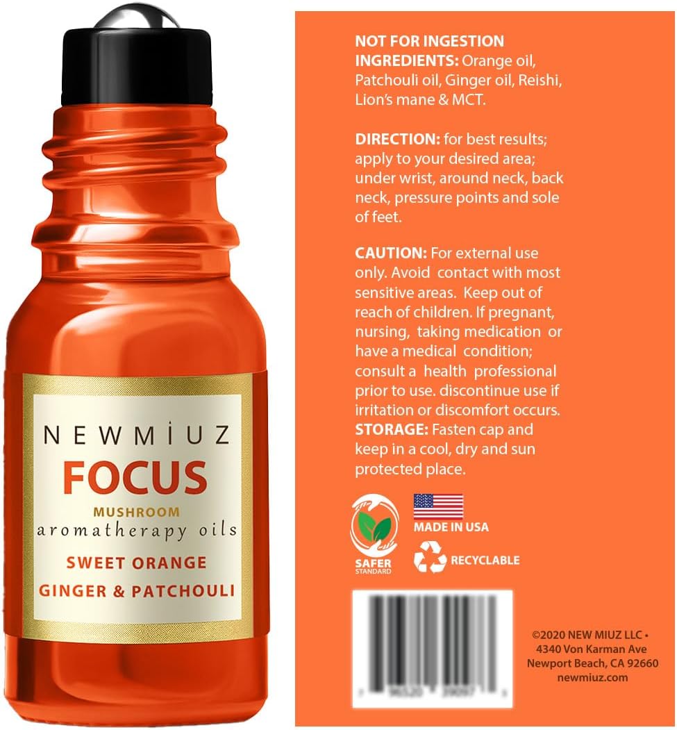 Roll-On Essential Oil Blends Focus Memory Concentration Orange Ginger Patchouli & Cleansing and Protect Juniper Berry White Sage with Nerolina, Pack of 2