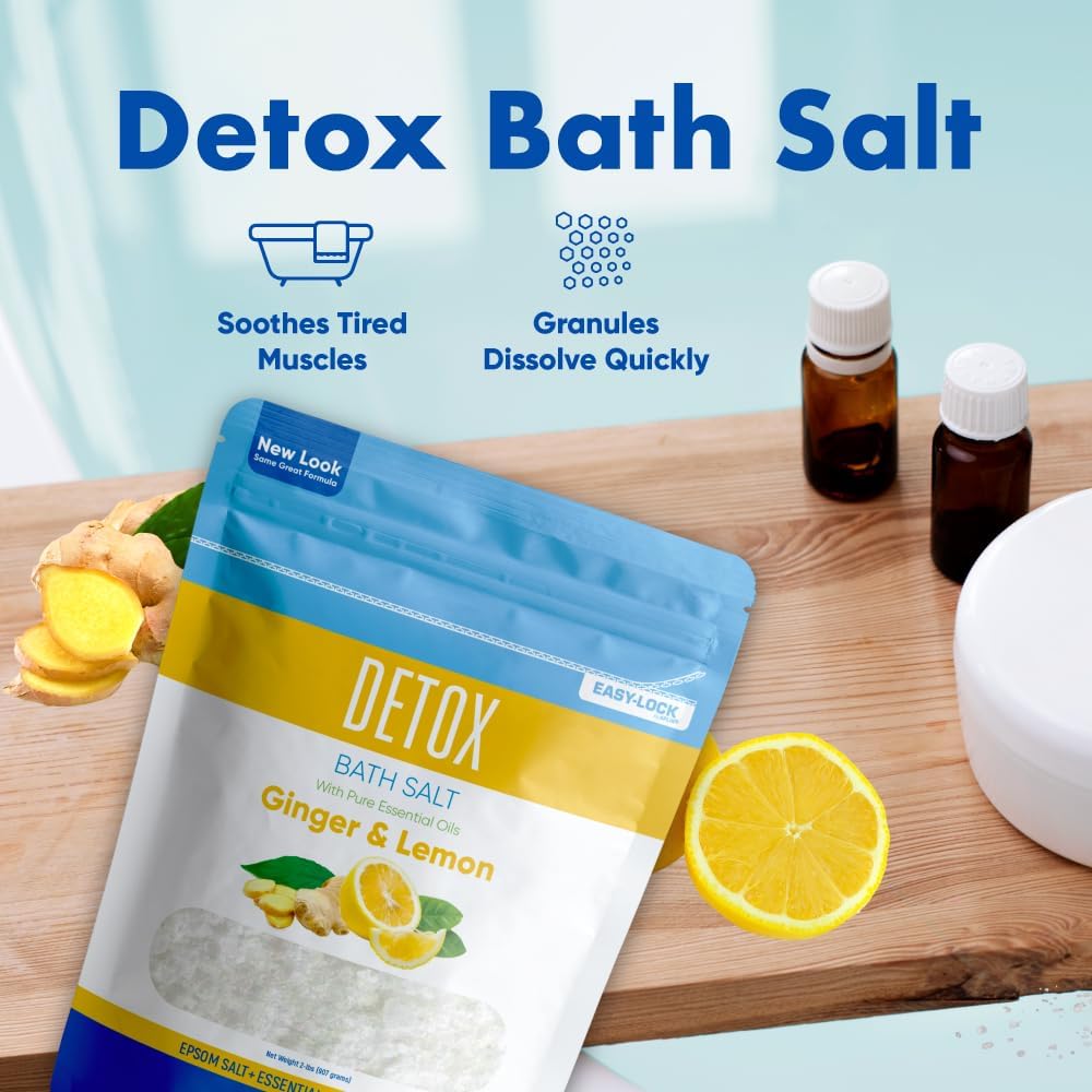 Detox Bath Salt 32 Ounces (2 Lbs) USP Grade Epsom Salt with Natural Ginger and Lemon Essential Oils Plus Vitamin C in BPA Free Pouch with Easy Press Lock Seal Made in USA