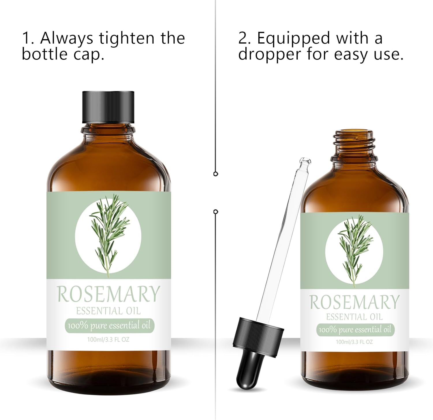 Rosemary Essential Oil 100% Pure & Natural Organic (3.3 Fl. Oz) for Humidifiers, Skin Care, Massage, Aromatherapy, Premium Delicate Grade with Glass Dropper for Air Freshening, Cleaning, Home