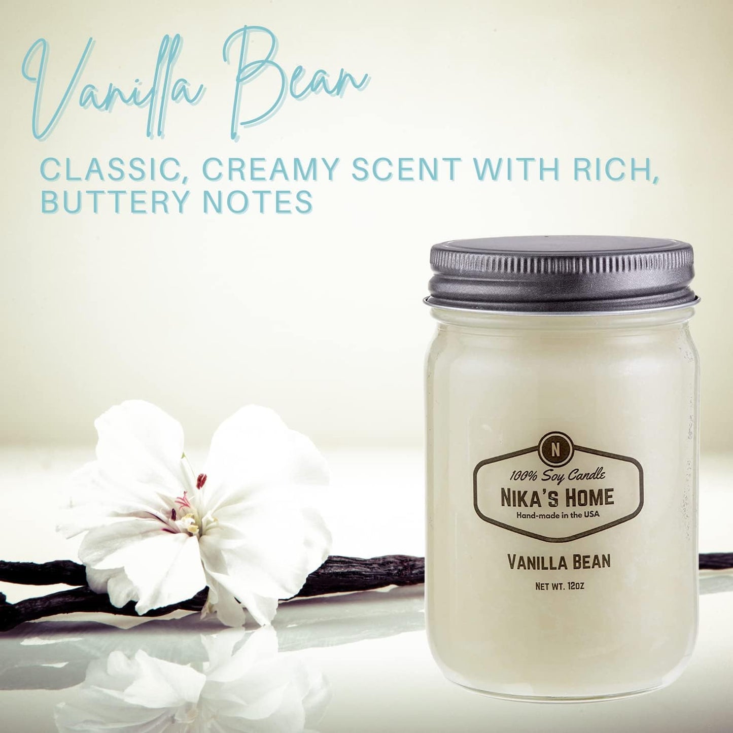 Vanilla Bean Soy Candle - 12oz Mason Jar - Non-Toxic - Hand Poured in The USA, Long Burning 50-60 Hours Highly Scented All Natural, Clean Burning