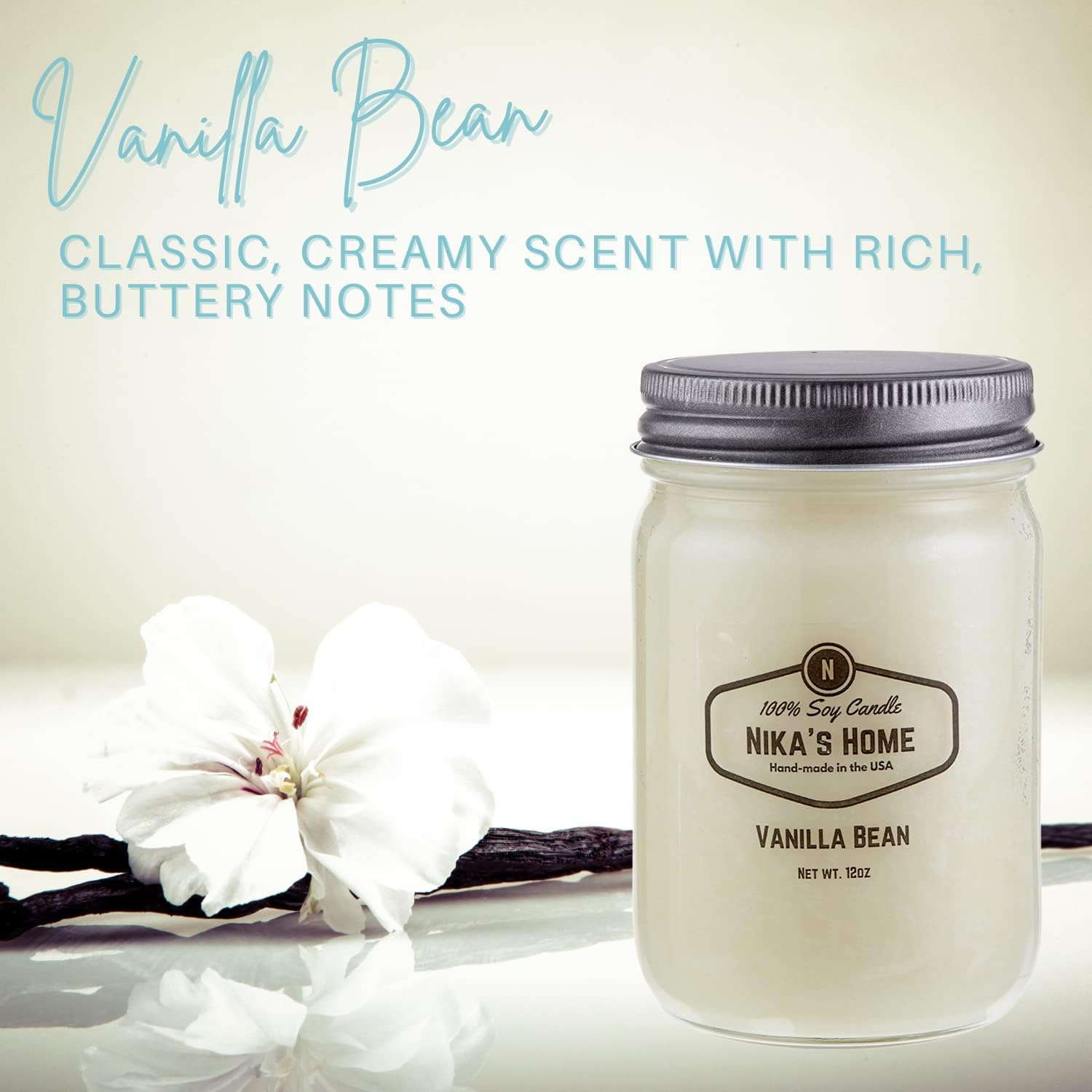 Vanilla Bean Soy Candle - 12oz Mason Jar - Non-Toxic - Hand Poured in The USA, Long Burning 50-60 Hours Highly Scented All Natural, Clean Burning