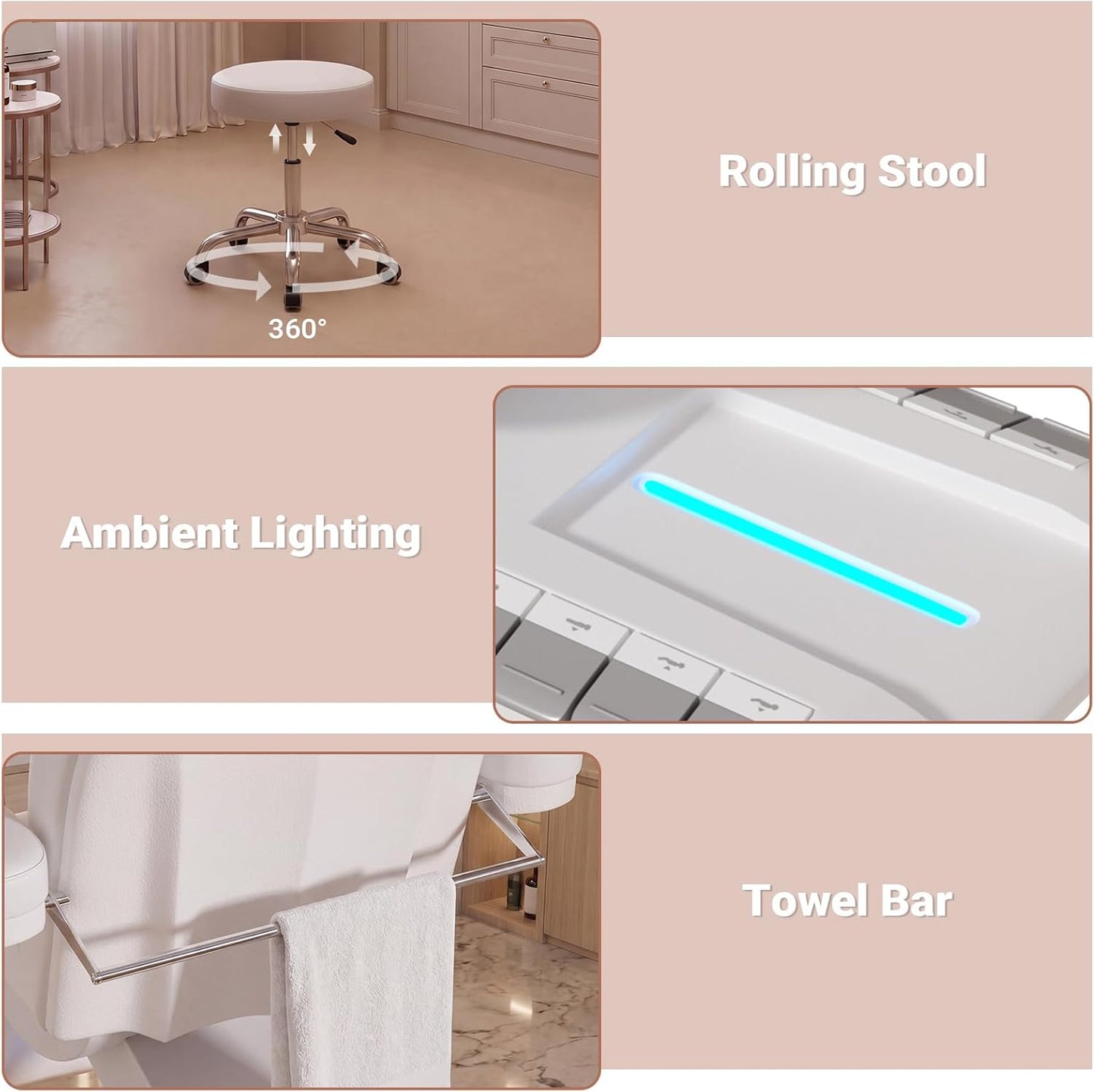 Fully Electric Massage Table, 3 Motor Adjustable Electric Esthetician Bed w/Dual-Side Foot Pedals, Handheld Remote & LED Light for Beauty Tattoo Spa Medical Treatment, Stool Included, White