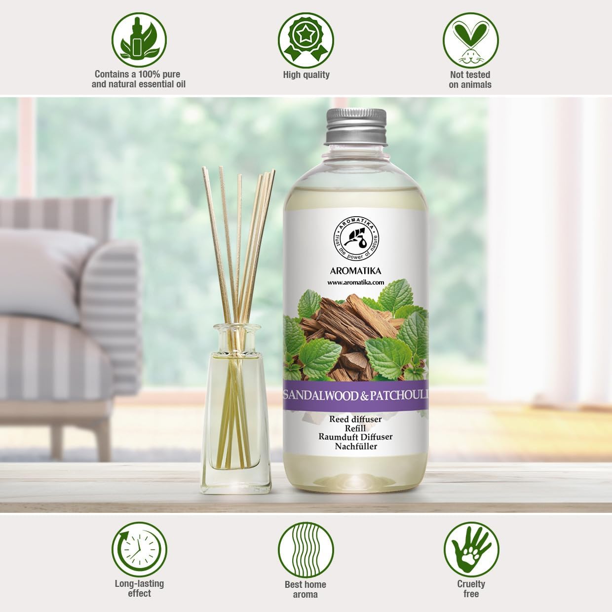 Reed Diffuser Refill Sandalwood - Patchouli 17 Fl Oz - Scented Diffuser Refill with Patchouli Essential Oil - Home Fragrance - Sandal Aroma - Air Freshener - Aromatherapy - Spa - Home - Office