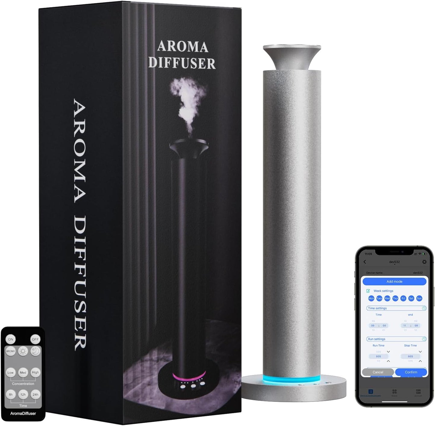 Waterless Diffuser Machine Scent Air Machine Covers 1800 Sq Ft for Home Diffusers Essential Oil Diffusers Studio Scent Diffuser Large Room Fragrance App Remote Control Capacity 3.5 Oz Light Silver
