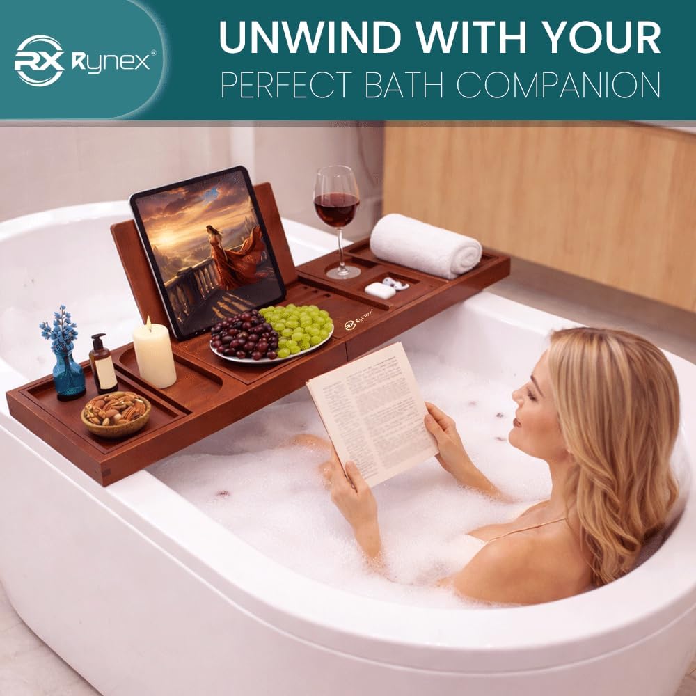 Bathtub Tray & Bath Tray for Tub – Expandable Bamboo Bath tub Tray, Bathtub Caddy, Adjustable Foldable Waterproof Bath Trays for tub with Phone, Wine Glass, Book & Tab Holder (Free Soap Dish)
