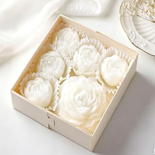 6-Pack Flower Candles Set, Rose Peony Shaped Scented Floral Candle Handmade Aromatherapy for Valentine's Day Wedding Home Decor (White)