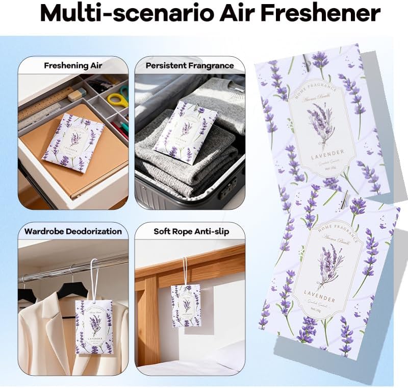 Lavender Sachets Bags for Drawers and Closets, Long-Lasting Air Fresheners for Dresser, Scented Sachets, Wardrobe Odor Eliminator - Closet Deodorizer Fragarance 6 Pack