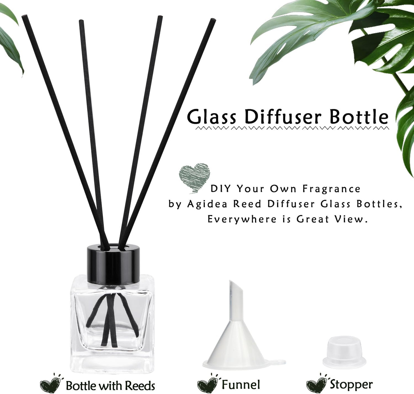 4PCS Refillable Fragrance Glass Diffuser Bottles with 20pcs Reeds Sticks & Black Caps & Funnel, Diffuser Jars for Home Oil Fragrance Decoration Girl Women Gift (50ML)